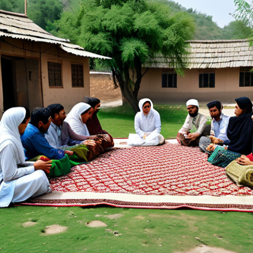 Home 23 **
"A dedicated community development worker, fully clothed in modest attire, facilitating a workshop in a rural village in Pakistan. Participants are engaged in a discussion about sustainable development projects. The scene showcases local crafts and agricultural produce. Safe for work, appropriate content, professional, perfect anatomy, natural proportions, family-friendly. Include elements of Urdu culture in the clothing and setting."
**